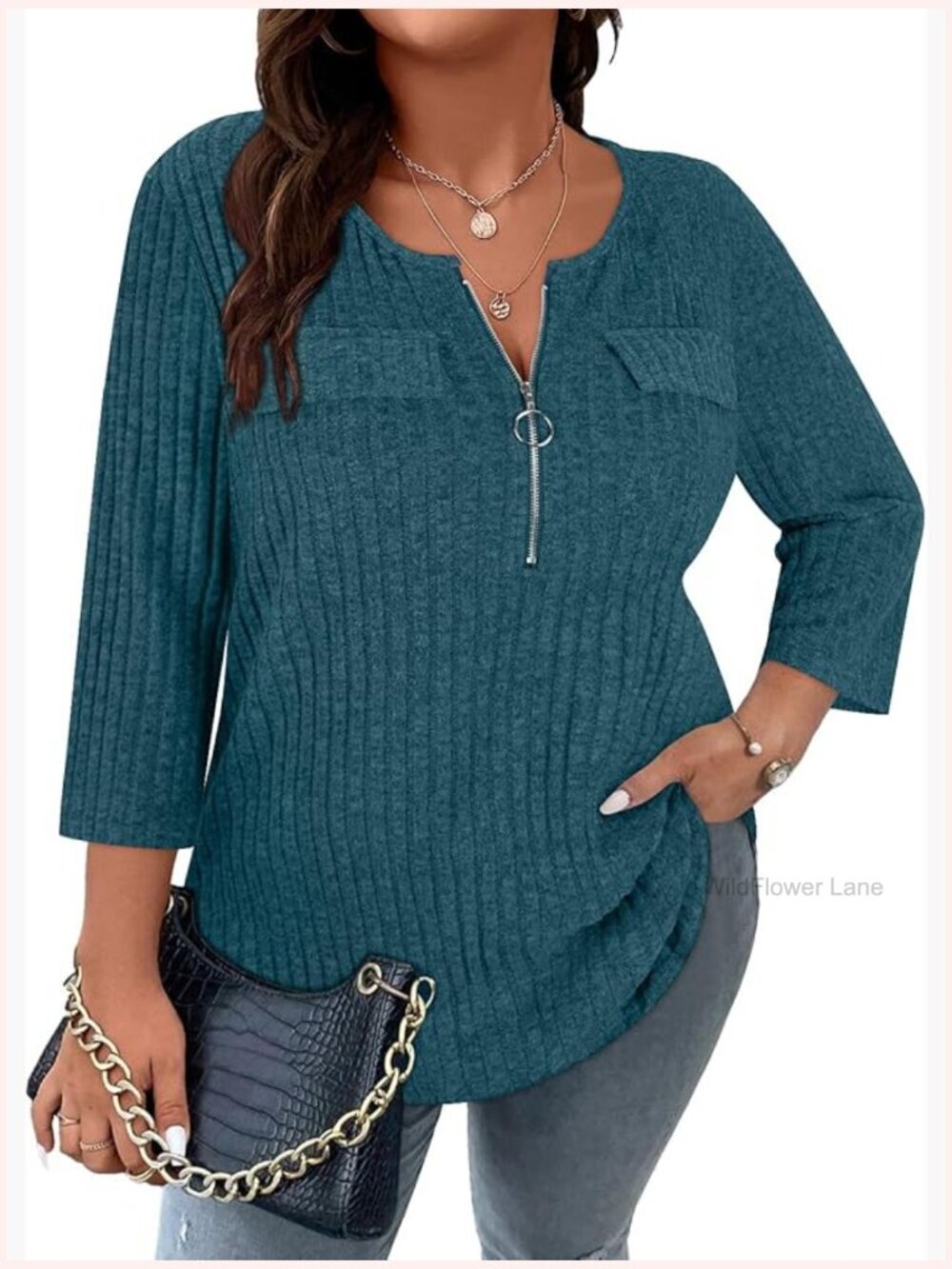 Plus Size Zip Up Sweater 3/4 Sleeve V Neck Ribbed Casual Tops